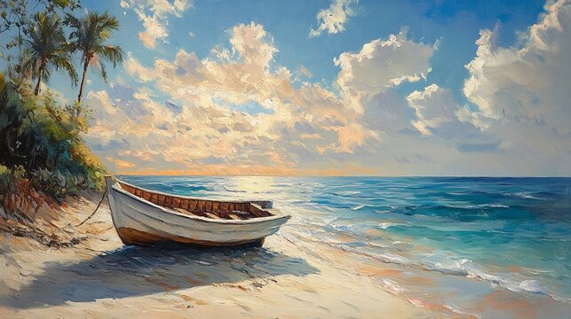 A serene fishing boat rests on a tranquil beach at sunset with palm trees lining the shore