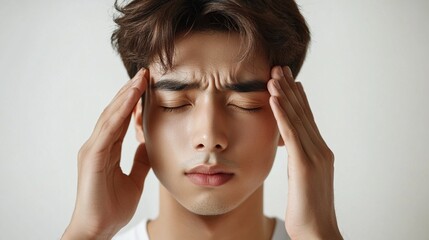 Fototapeta premium Young man with closed eyes holding his head in a calming posture while feeling overwhelmed indoors