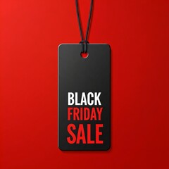 A rectangular black tag with a hole at the top, suspended by a black string, centered against a solid red background. Subject: The tag features bold, white uppercase text reading 'BLACK FRIDAY'