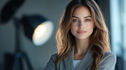 Obraz premium Professional woman with long hair posing confidently in a modern office environment during daylight