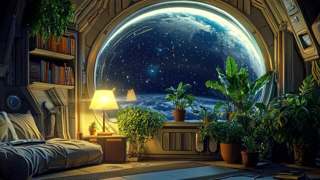 Cozy room with plants and view of Earth from space station. Seamless looping 4k video background