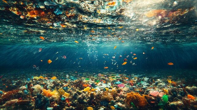 Underwater view of colorful plastic waste affecting marine life in a vibrant ocean environment
