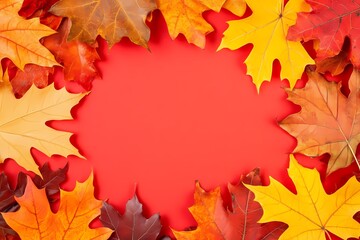 Fototapeta premium Warm Terracotta Background with Colorful Autumn Leaves