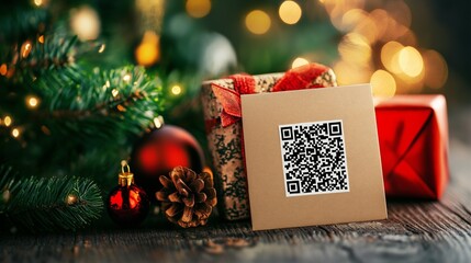 Festive Christmas card with QR code beside beautifully wrapped gifts and pinecones