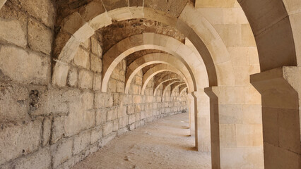 Arched stone corridor  at theupper part of the Aspendos Ancient Theatre