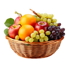 Basket of Fruit with Apples, Grapes, and Oranges isolated on transparent background