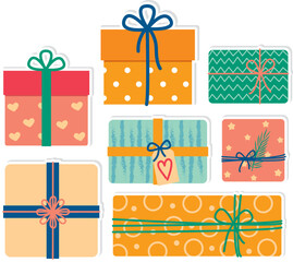 Hand drawn stickers with cute boxes. Set of colorful different holiday gifts