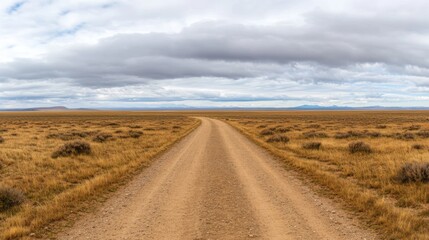 A winding dirt path cuts through a vast desert landscape, flanked by sparse shrubs and low vegetation. The trail leads into the horizon, evoking a sense of adventure and isolation