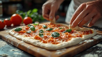Chef Preparing Homemade Pizza with Fresh Basil