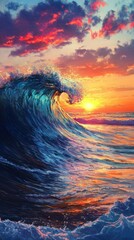 Dramatic ocean wave at sunset with vibrant sky, colorful seascape. Nature and tranquility concept