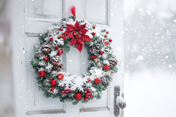 A wreath with red berries and pine cones is hanging on a white door, generative ai image