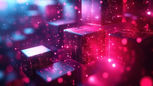 Digital cube background with glowing neon lines