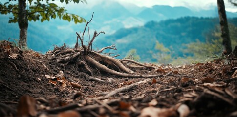 Fototapeta premium A pile of dead branches and leaves on the ground