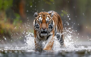 Siberian tiger low angle photo  in the water with a splash