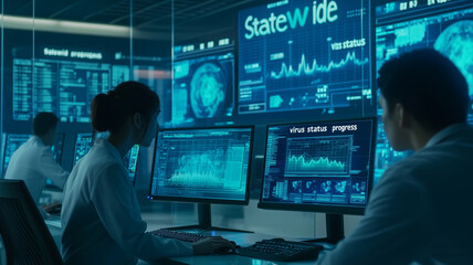 Fototapeta premium Chinese cybersecurity experts engaged in critical monitoring and analysis inside a high-tech command center during a complex cybersecurity operation