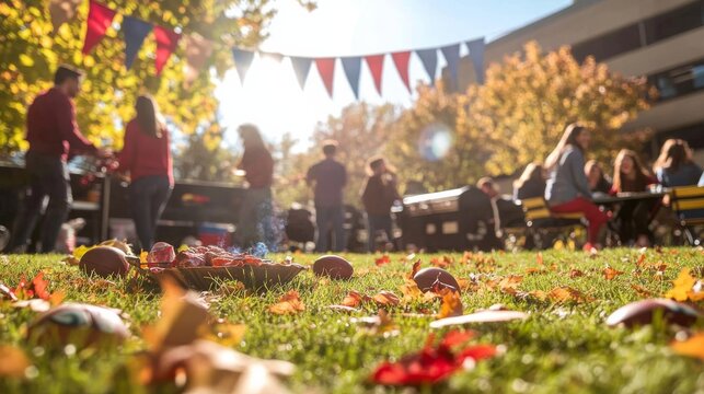 Friends gather at a lively outdoor tailgate party, grilling food, chatting, and celebrating their team while colorful autumn leaves scatter across the grass