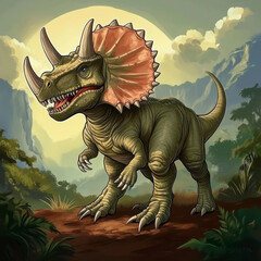 Obraz premium A majestic dinosaur stands proudly in a vibrant valley under a stunning sunset, showcasing its impressive features and natural habitat