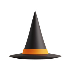 Fototapeta premium Black witch hat depicted in 3D illustration, featuring an orange band that gives a classic Halloween look, perfect for spooky and magical themes. Isolated on transparent background, png.