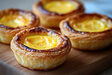 Deliciously baked egg tarts cooling on a wooden board, showcasing their golden filling and flaky crust on a sunny afternoon