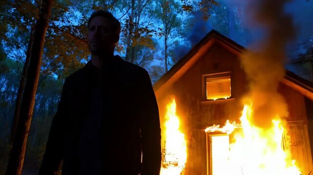 A man standing looking at the front of a burning house in a forest, stunning details, twilight.