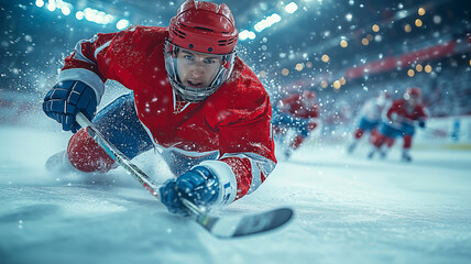 Intense action on the ice as hockey players battle during a thrilling match at the arena under bright arena lights