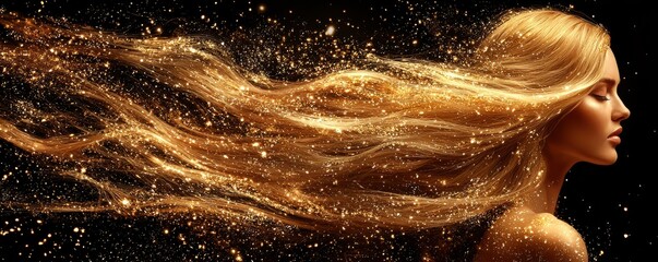 Portrait of a beautiful woman with long flowing golden hair against a glittering dark background, embodying elegance and glamour