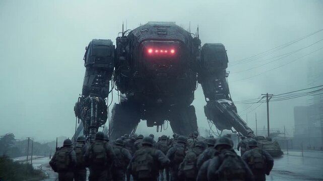 Big robot at war red lights science fiction apocalypse future