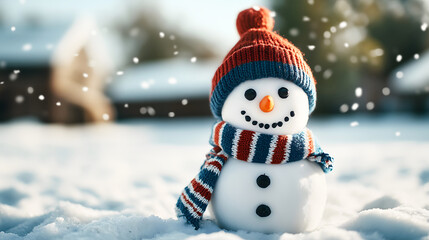 Obraz premium Cheerful snowman with striped scarf and beanie hat in a snowy winter setting 