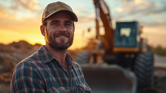 A joyful excavator driver stands proudly against a sunset backdrop, showcasing dedication and passion for construction work in the golden hour