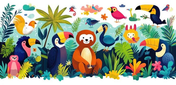 Enchanting Amazon Wildlife Pattern: Colorful Vector Illustration of Sloths, Toucans, Trees, and More for Children's Decor and Wall Art