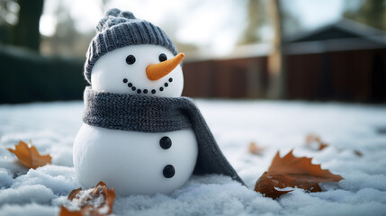 Obraz premium Cute snowman with gray scarf and beanie in a snowy yard with autumn leaves 