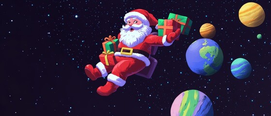 A cartoon of Santa Claus flying through space with a present in his hand