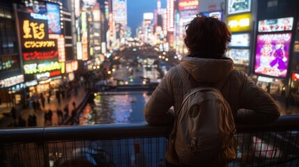 Obraz premium A woman in a light jacket gazes over the bustling streets of Osaka from a bridge, surrounded by bright neon signs as the evening light adds a touch of adventure