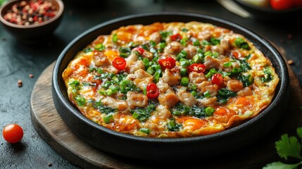Delicious Asian Omelette with Chicken, Greens and Chili Peppers