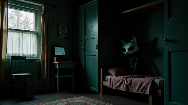 Eerie child's bedroom with menacing robotic fox mask, dark green walls, single bed, window with sheer curtains, vintage furniture, creating unsettling atmosphere in dimly lit space