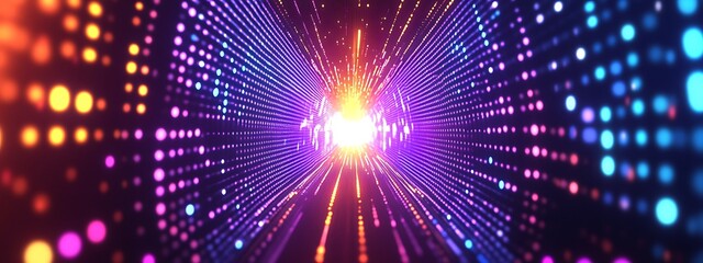 Fototapeta premium Abstract background with glowing lights and colorful dots, creating a futuristic tunnel effect.