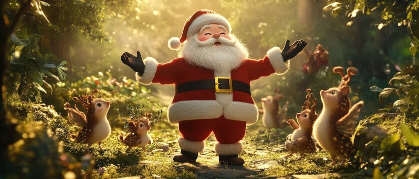 A cartoon of Santa Claus standing in a forest with a group of reindeer