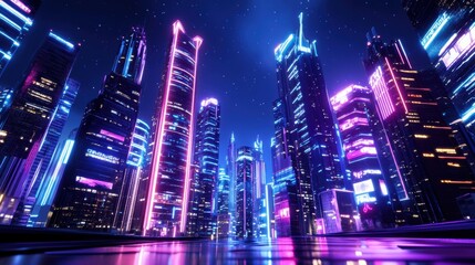 Futuristic Cityscape with Neon Lights at Night