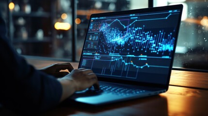 Hands Typing on Laptop with Financial Charts Displayed on Screen