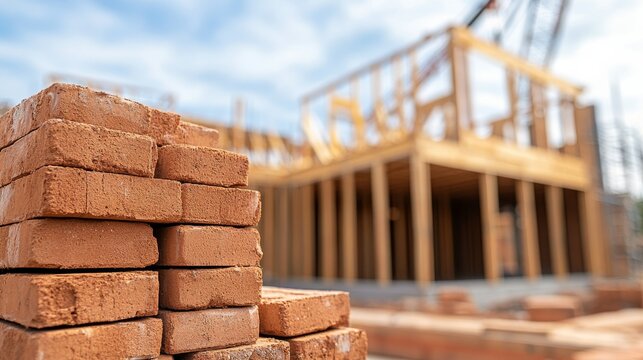 A substantial pile of clay bricks is neatly arranged on a construction site, set against a partially constructed house and visible scaffolding and crane