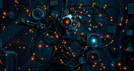 a disturbing wallpaper in cyberpunk style with an android robot-like humanoid with many different day