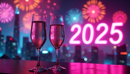 Neon-drenched New Year’s Eve celebration. Exploding fireworks in a rainbow of colours illuminate a futuristic cityscape