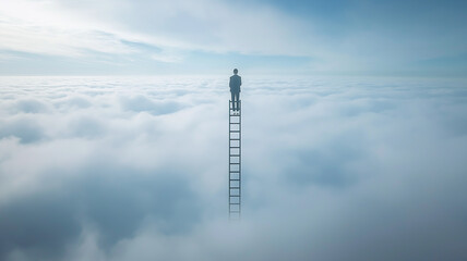 Obraz premium Corporate Climb, A person scaling an impossibly tall ladder stretching into the clouds, symbolizing ambition and the corporate ladder