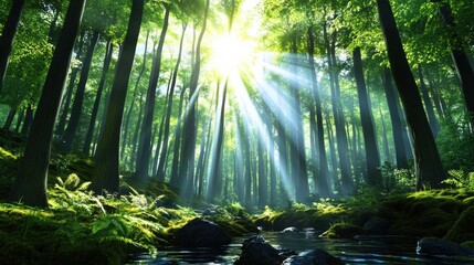 Obraz premium Sunlight Filtering Through Dense Forest Canopy