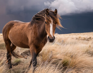 Obraz premium Brown horse in a field on a windy, stormy day 