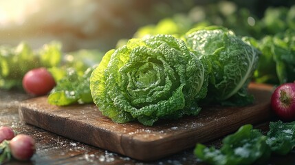 Fresh Green Cabbage on Wooden Cutting Board
