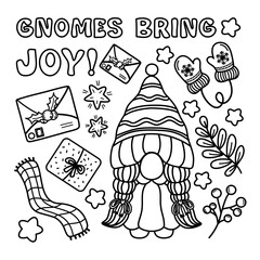 Cute cartoon Christmas gnomes Outline Doodle for Coloring page. illustration isolated on white background.