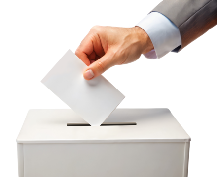 Hand Holding Blank Ballot Over Box Isolated on White Transparent Background, PNG Element. USA Election