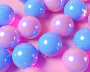 Surprised pink and blue balls against abstract pink and blue background, RGB lights glowing around