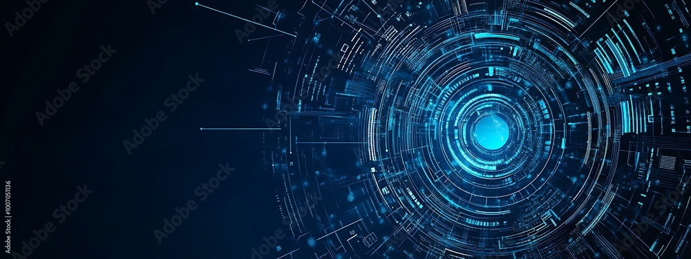 Poster abstract futuristic technology background with blue glowing lines and circles, digital data flow con